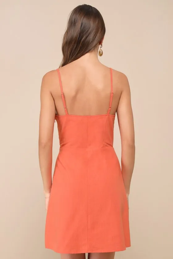 Sweet Breeze Orange Surplice Button-Front Mini Dress sold by Lulus product image thumbnail 3