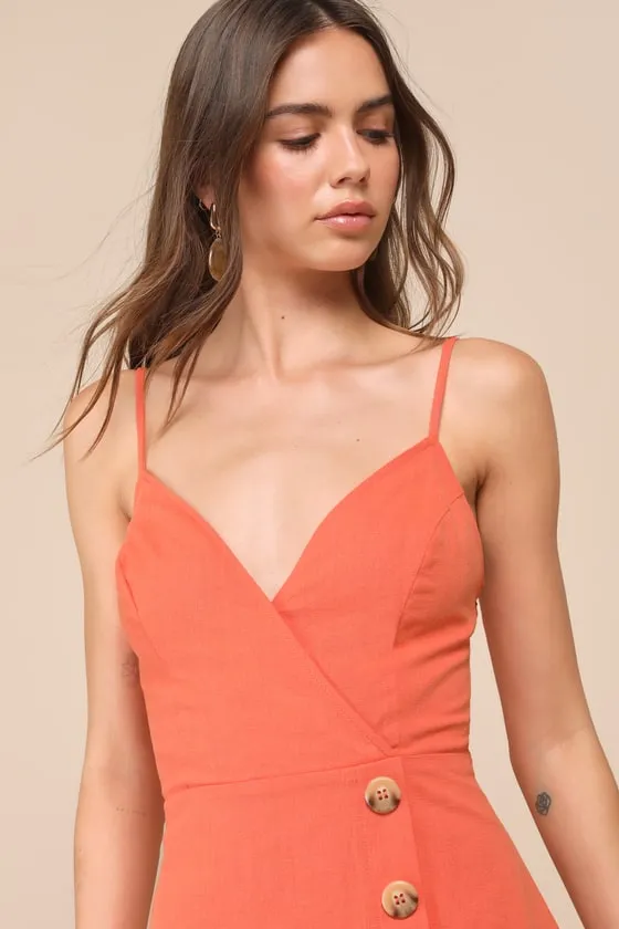 Sweet Breeze Orange Surplice Button-Front Mini Dress sold by Lulus product image thumbnail 4