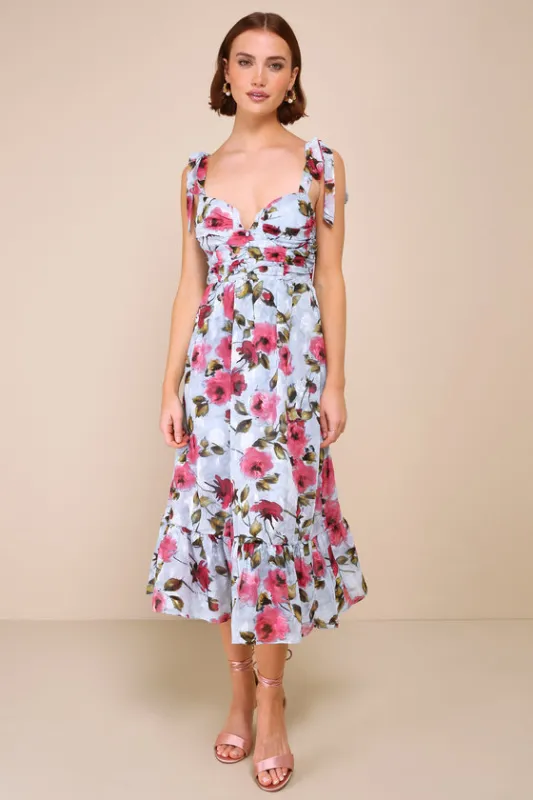 Lush Loveliness Light Blue Floral Jacquard Tie-Strap Midi Dress sold by Lulus