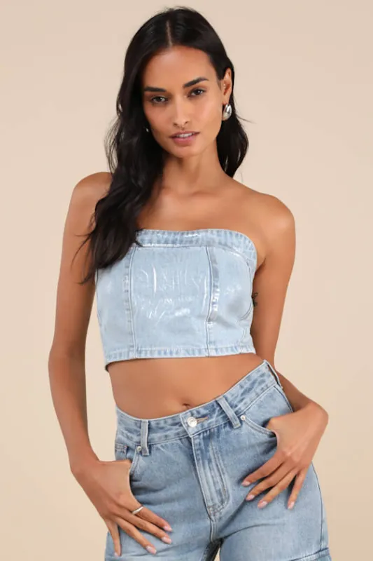 Modern Shine Light Wash Metallic Coated Denim Crop Top sold by Lulus