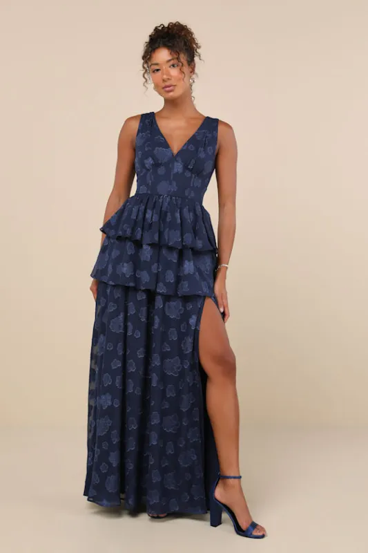 Cherished Elegance Navy Blue Burnout Jacquard Tiered Maxi Dress sold by Lulus