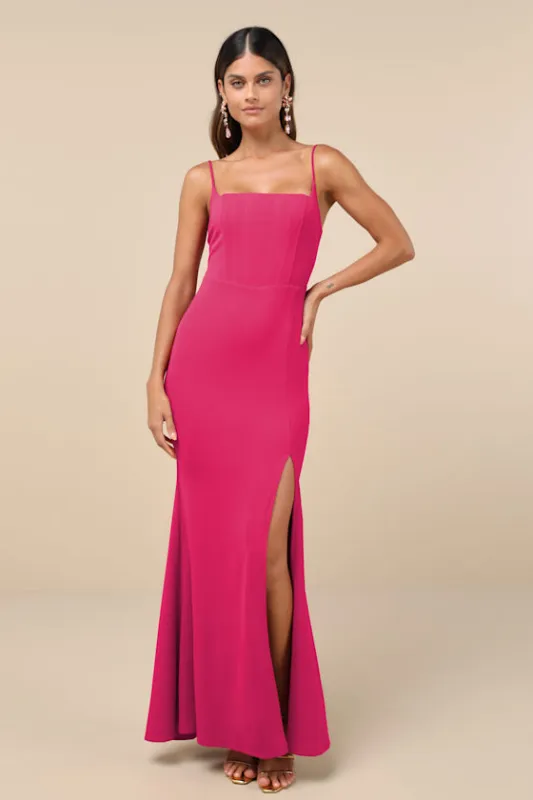 Simply Remarkably Magenta Sleeveless Bustier Mermaid Maxi Dress sold by Lulus