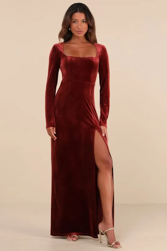 Lovely and Luminous Rust Velvet Long Sleeve Column Maxi Dress sold by Lulus