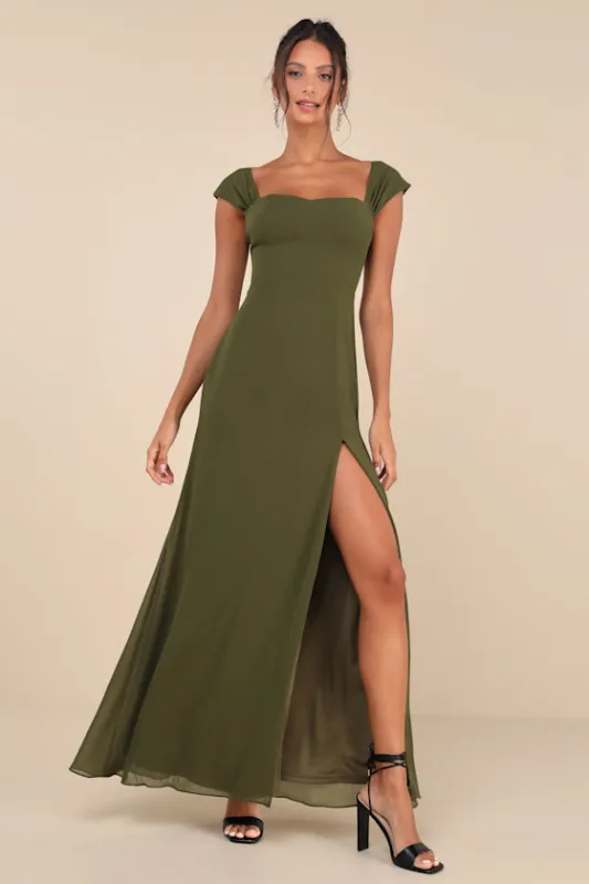 Magical Magnetism Olive Green Off-the-Shoulder Maxi Dress sold by Lulus