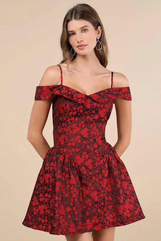 Flirty Enticement Red Jacquard Off-the-Shoulder Mini Dress sold by Lulus