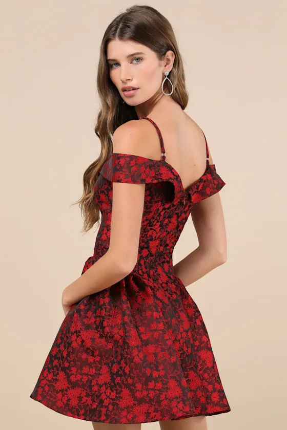 Flirty Enticement Red Jacquard Off-the-Shoulder Mini Dress sold by Lulus product image thumbnail 2