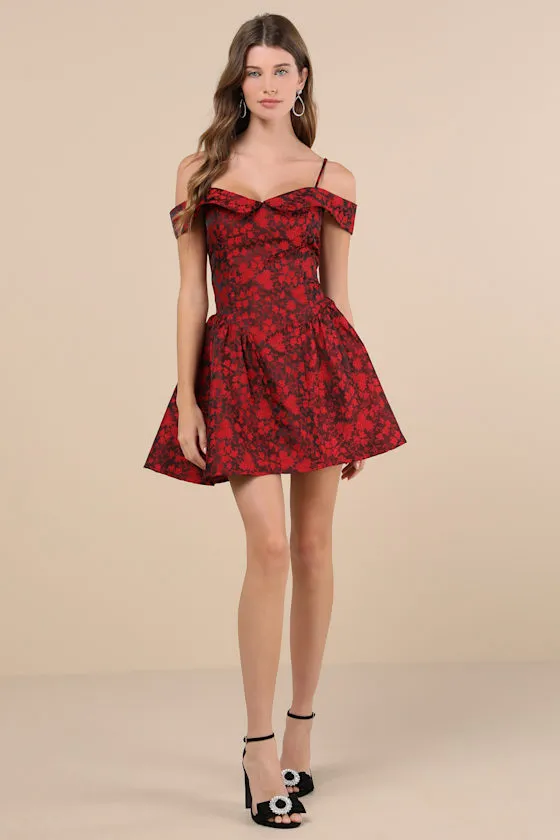 Flirty Enticement Red Jacquard Off-the-Shoulder Mini Dress sold by Lulus product image thumbnail 3