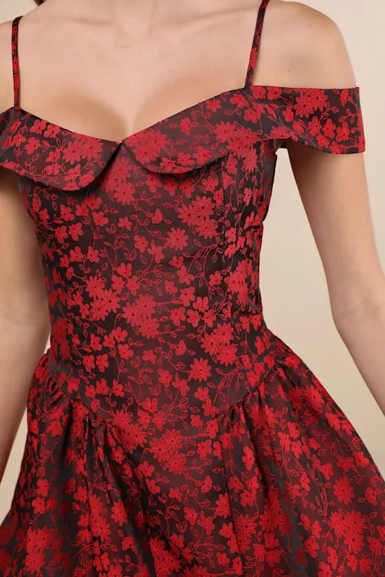 Flirty Enticement Red Jacquard Off-the-Shoulder Mini Dress sold by Lulus product image thumbnail 4