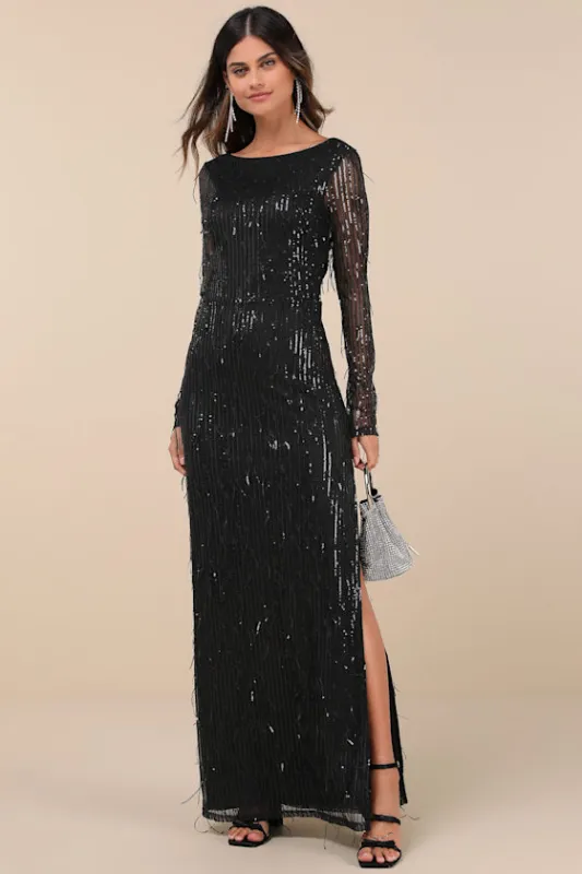 Glittery Devotion Black Sequin Fringe Maxi Dress sold by Lulus