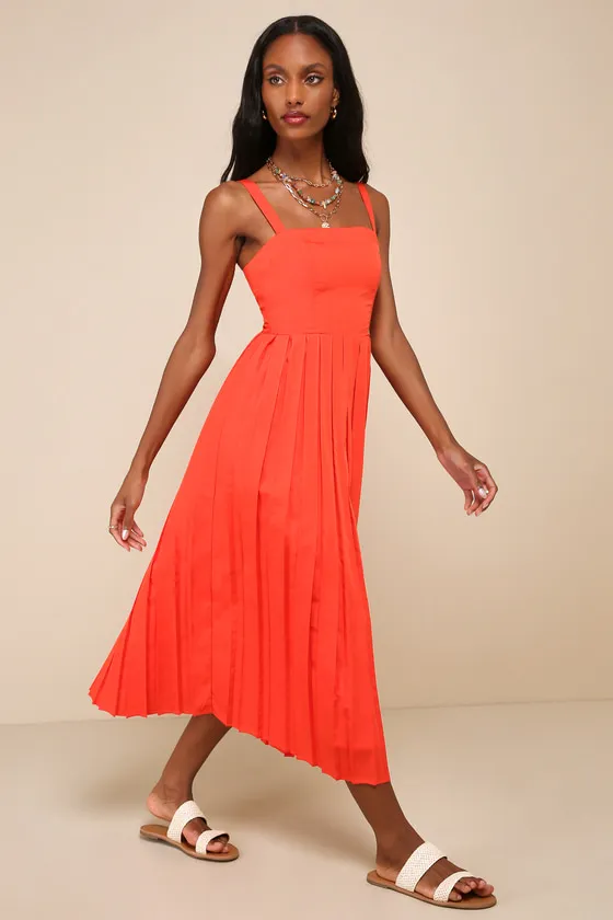 Amazingly Chic Red Orange Pleated Sleeveless Midi Dress sold by Lulus