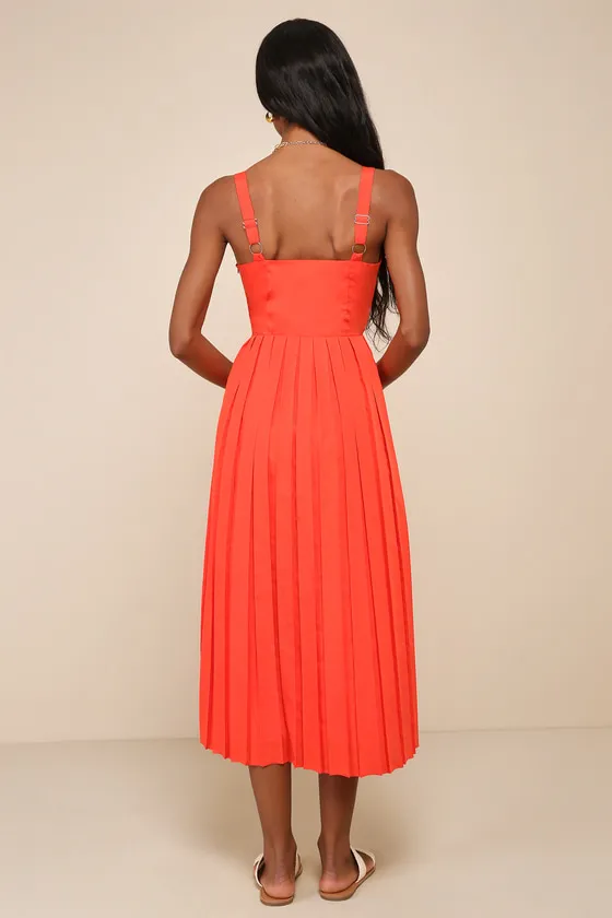 Amazingly Chic Red Orange Pleated Sleeveless Midi Dress sold by Lulus product image thumbnail 2