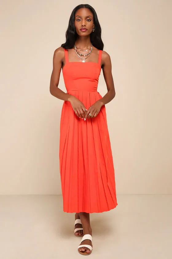 Amazingly Chic Red Orange Pleated Sleeveless Midi Dress sold by Lulus product image thumbnail 3