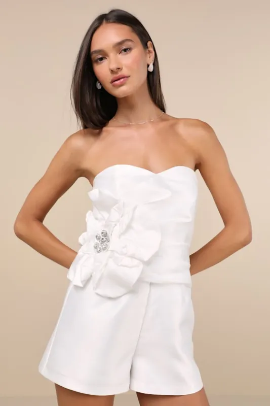 Feeling Incredible White Taffeta Applique Strapless Romper sold by Lulus
