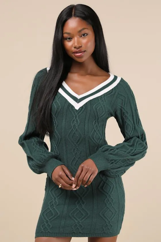 Inviting Poise Green and White Cable Knit Sweater Mini Dress sold by Lulus