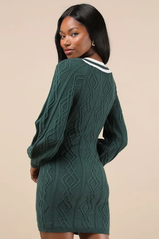 Inviting Poise Green and White Cable Knit Sweater Mini Dress sold by Lulus product image thumbnail 3
