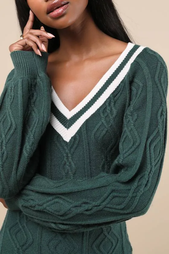 Inviting Poise Green and White Cable Knit Sweater Mini Dress sold by Lulus product image thumbnail 4