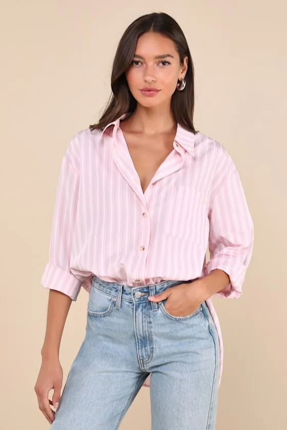 Poised Delight Pink Striped Oversized Button-Up Top sold by Lulus