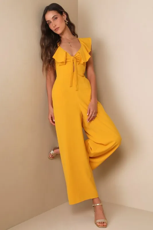 Flawless Life Marigold Ruffled Cutout Cropped Jumpsuit sold by Lulus