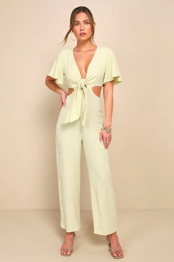 Summer Journey Light Green Tie-Front Cutout Jumpsuit sold by Lulus