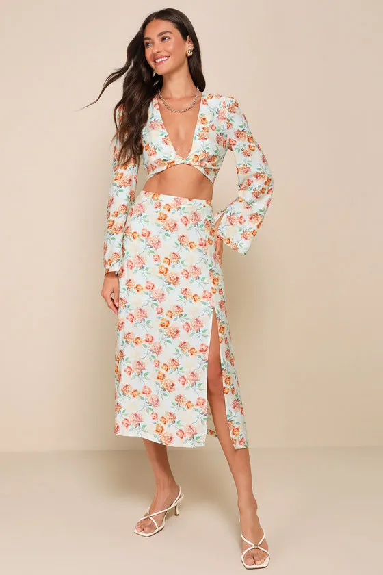 Cute Expertise Light Sage Green Floral High-Waisted Midi Skirt sold by Lulus