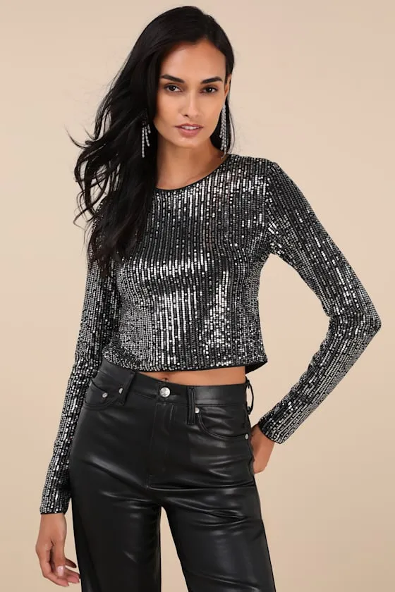 Exquisite Glow Black and Silver Sequin Tie-Back Top sold by Lulus