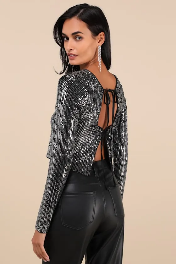 Exquisite Glow Black and Silver Sequin Tie-Back Top sold by Lulus product image thumbnail 3