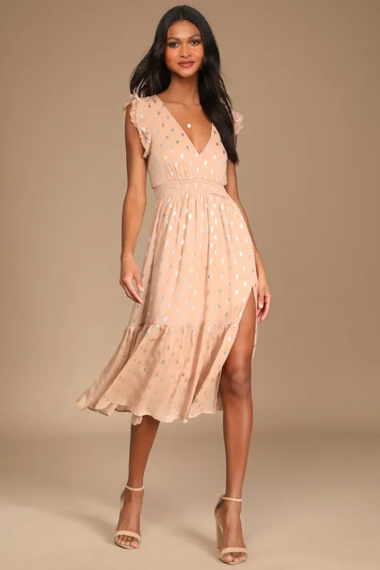 Cause to Celebrate Mauve and Silver Ruffled Tiered Midi Dress sold by Lulus