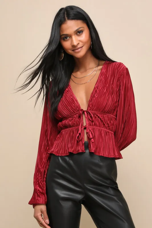 Luxe Designs Wine Red Plisse Satin Long Sleeve Tie-Front Top sold by Lulus