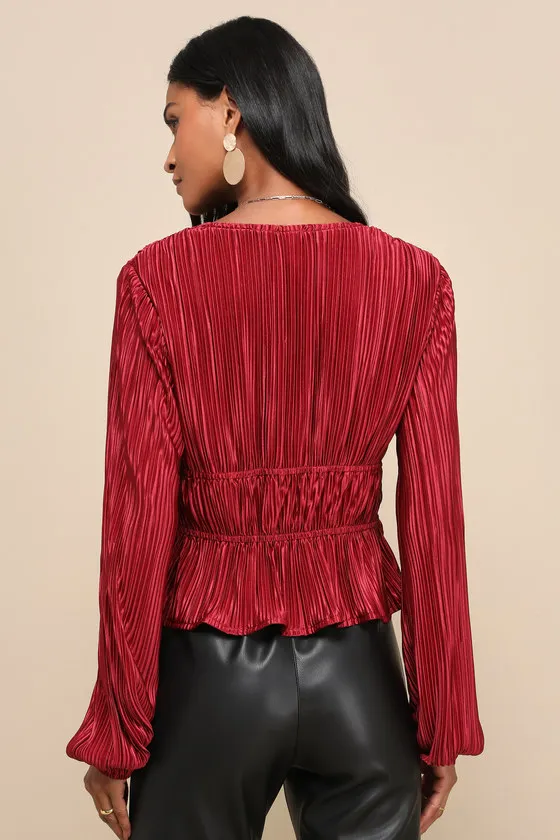 Luxe Designs Wine Red Plisse Satin Long Sleeve Tie-Front Top sold by Lulus product image thumbnail 3