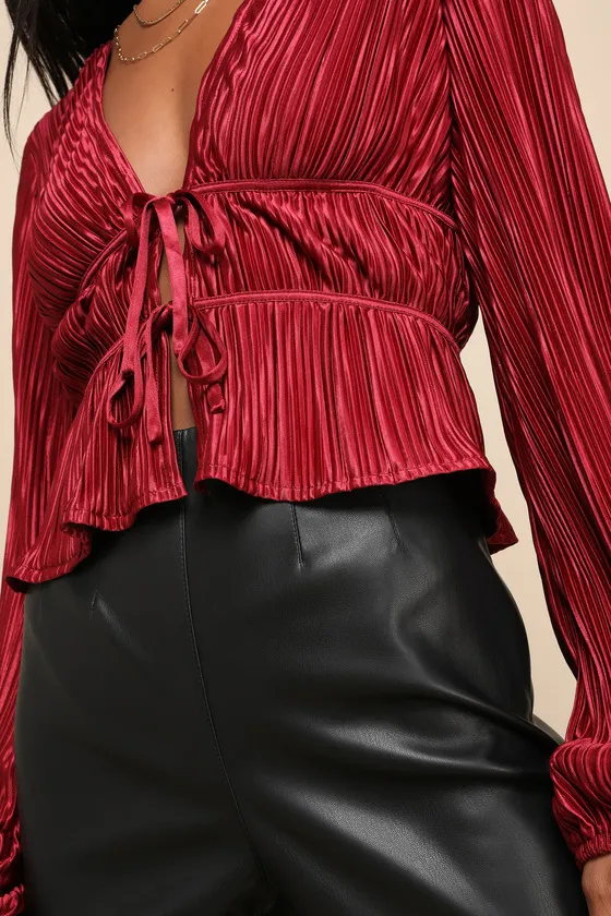 Luxe Designs Wine Red Plisse Satin Long Sleeve Tie-Front Top sold by Lulus product image thumbnail 4