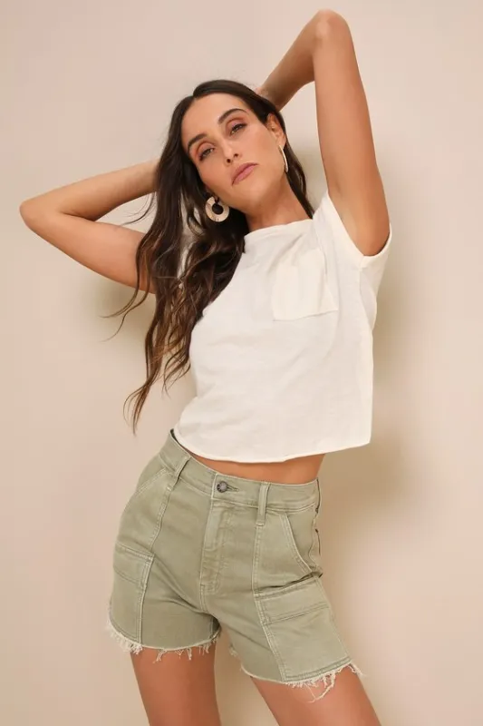 The Knockout Washed Green High-Rise Cutoff Cargo Shorts sold by Lulus