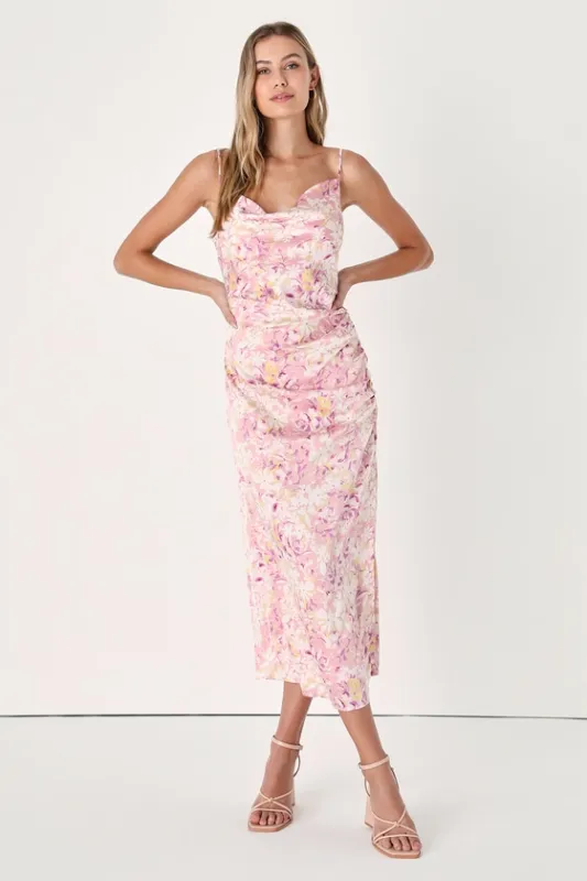 Truest Romance Pink Floral Print Sleeveless Ruched Midi Dress sold by Lulus
