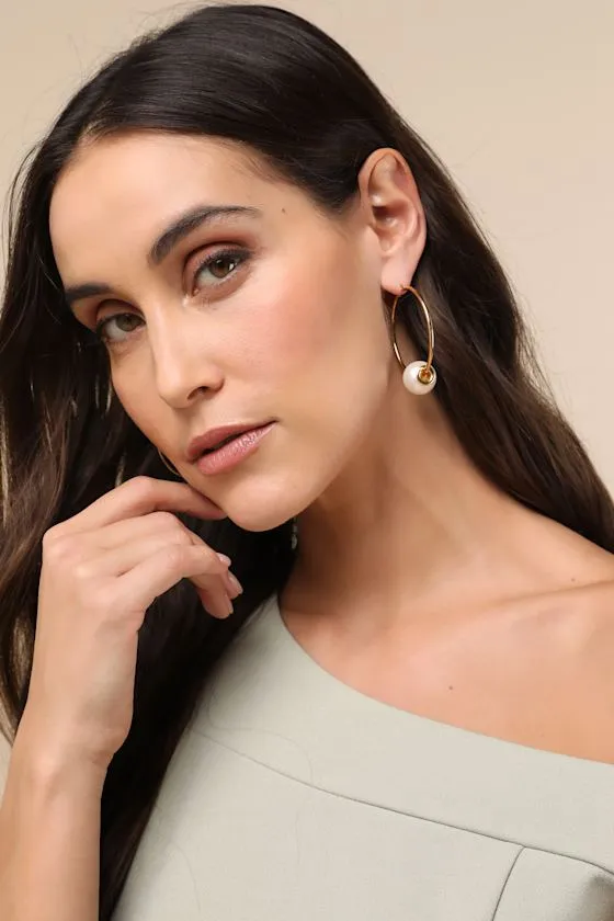 Luminous Presence Gold Pearl Hoop Earrings sold by Lulus product image thumbnail 3