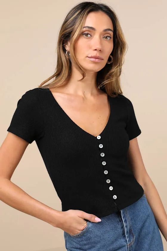 My Everyday Best Black Ribbed Short Sleeve Button-Front Top sold by Lulus
