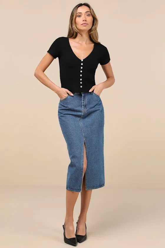 My Everyday Best Black Ribbed Short Sleeve Button-Front Top sold by Lulus product image thumbnail 3