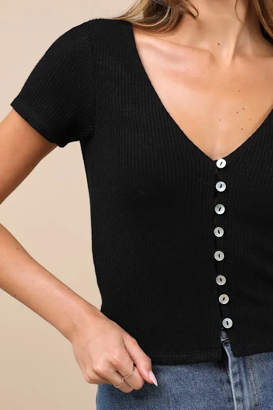 My Everyday Best Black Ribbed Short Sleeve Button-Front Top sold by Lulus product image thumbnail 4