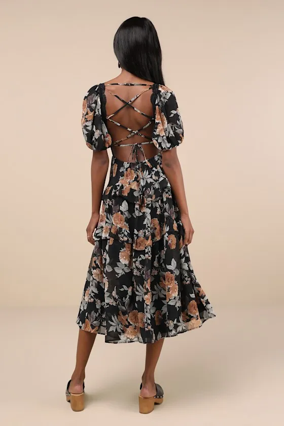 Fawning Favorite Black Floral Lace Tiered Lace-Up Midi Dress sold by Lulus product image thumbnail 2