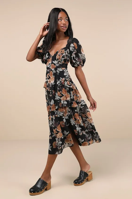 Fawning Favorite Black Floral Lace Tiered Lace-Up Midi Dress sold by Lulus product image thumbnail 3