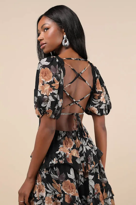 Fawning Favorite Black Floral Lace Tiered Lace-Up Midi Dress sold by Lulus product image thumbnail 4