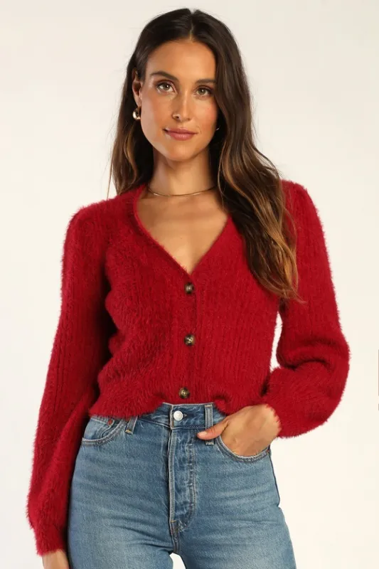 Cozy Touch Wine Red Eyelash Knit Button-Up Cardigan Sweater sold by Lulus