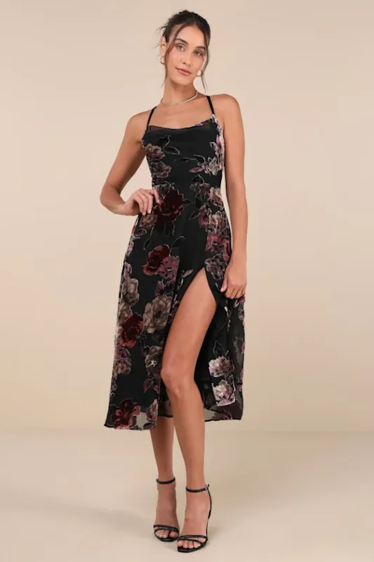 Exuberant Vibes Black Floral Velvet Burnout Tie-Back Midi Dress sold by Lulus