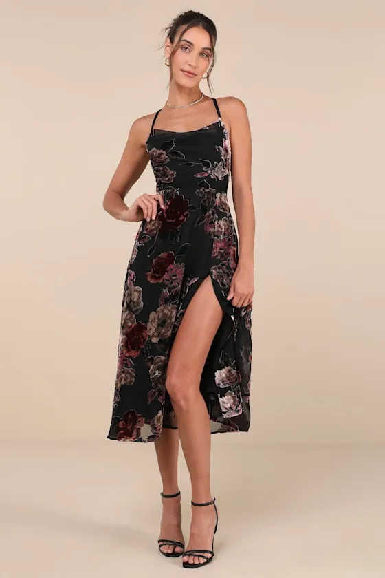 Exuberant Vibes Black Floral Velvet Burnout Tie-Back Midi Dress sold by Lulus