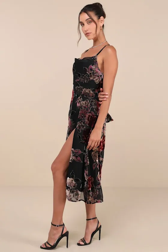 Exuberant Vibes Black Floral Velvet Burnout Tie-Back Midi Dress sold by Lulus product image thumbnail 2