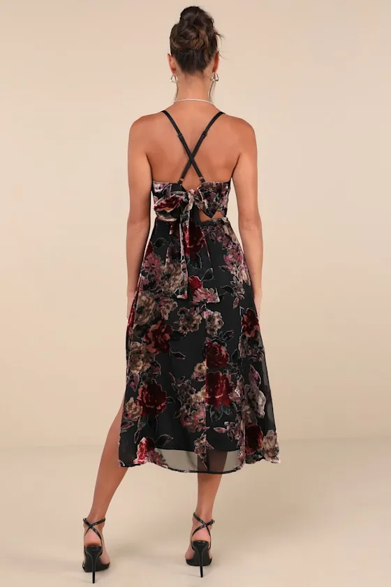 Exuberant Vibes Black Floral Velvet Burnout Tie-Back Midi Dress sold by Lulus product image thumbnail 3