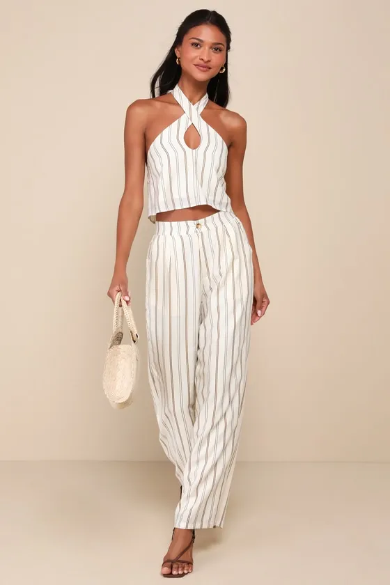 Breezy Character Cream Multi Striped Two-Piece Halter Jumpsuit sold by Lulus