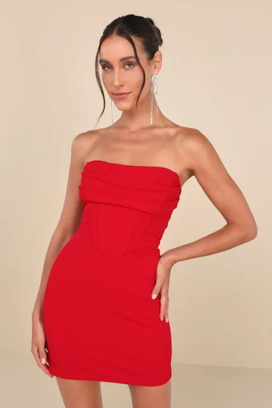 Dramatic Intent Red Strapless Corset Bodycon Mini Dress sold by Lulus