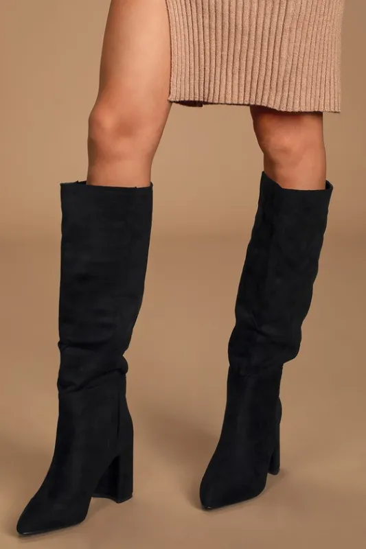 Katari Black Suede Pointed-Toe Knee High Boots sold by Lulus
