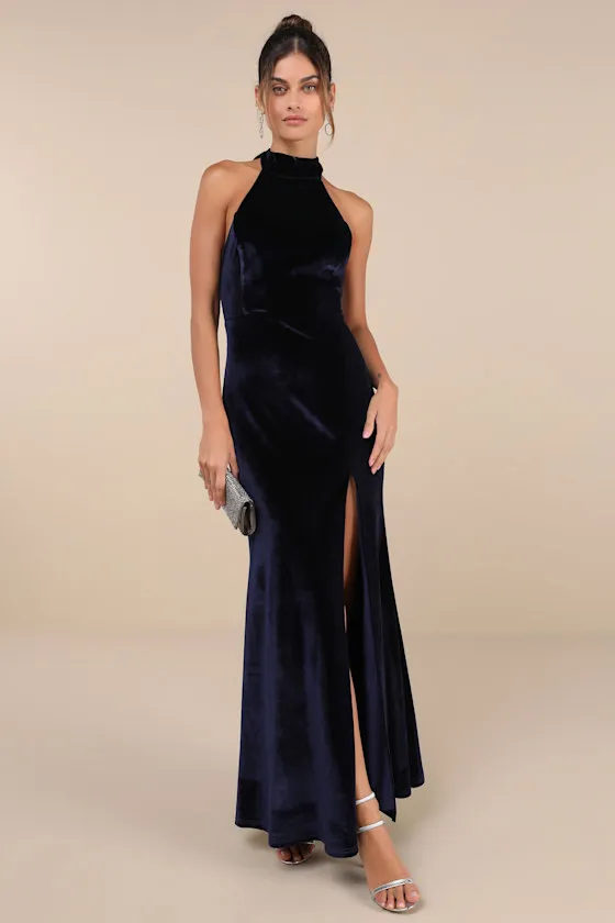 Fabulous Always Navy Blue Velvet Backless Mermaid Maxi Dress sold by Lulus