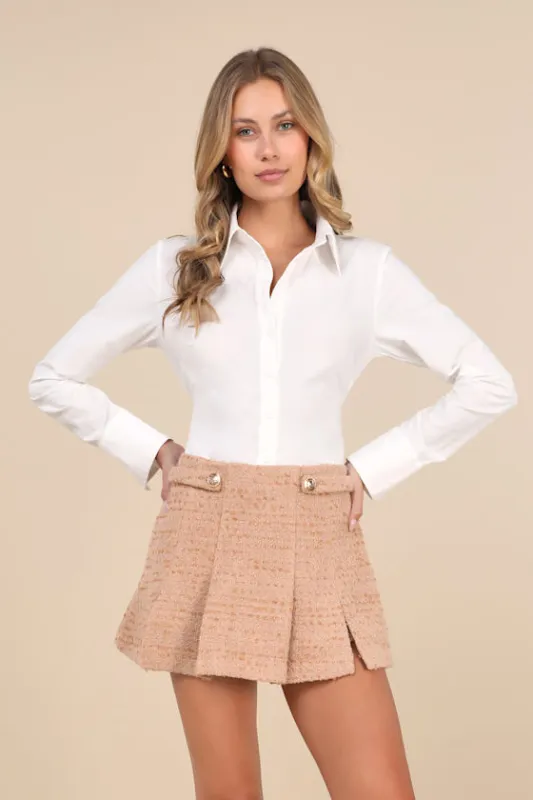 Bronwyn Tan Tweed Textured Pleated High-Rise Skort sold by Lulus