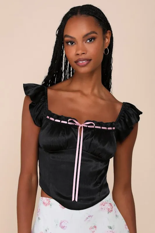 Radiating Elegance Black Crinkle Satin Flutter Sleeve Top sold by Lulus